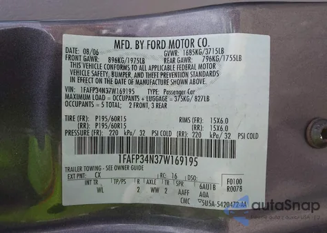 2007 Ford Focus S/Se/Ses из США, поврежденный, VIN 1FAFP34N37W169195